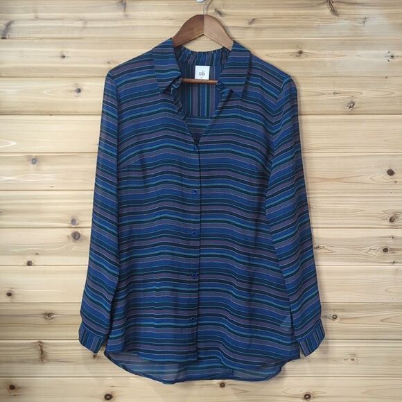 CAbi Top Womens Medium #3330 Alex Blouse Split Back Striped Blue - Picture 1 of 9
